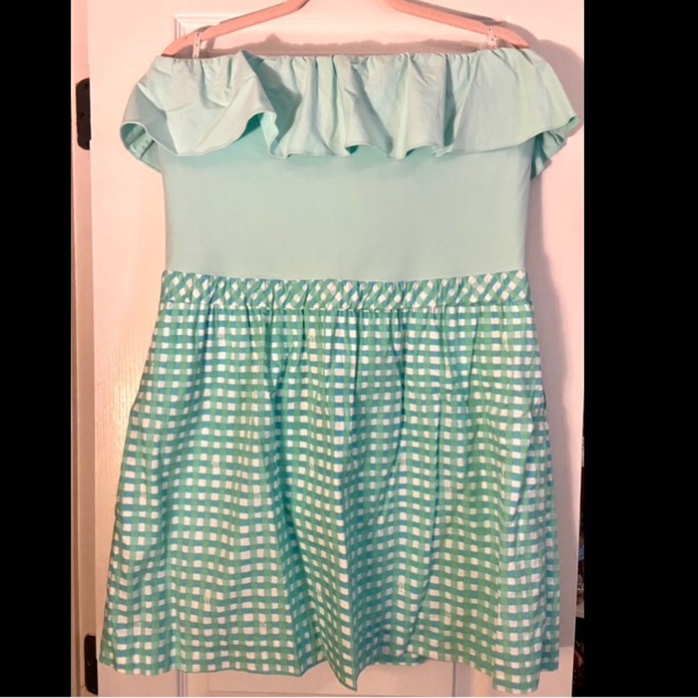 Lilly Pulitzer Athens Strapless Dress, Glenda Green Painterly Gingham Size XL
